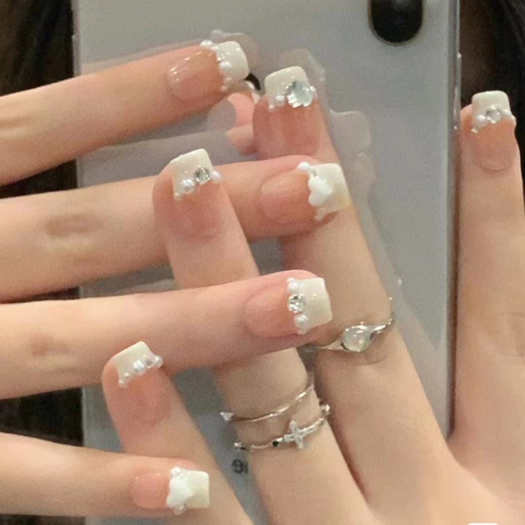 A517-Short milk white French love wearable nail art stickers detachable whitening super tender fairy nail strips with diamonds