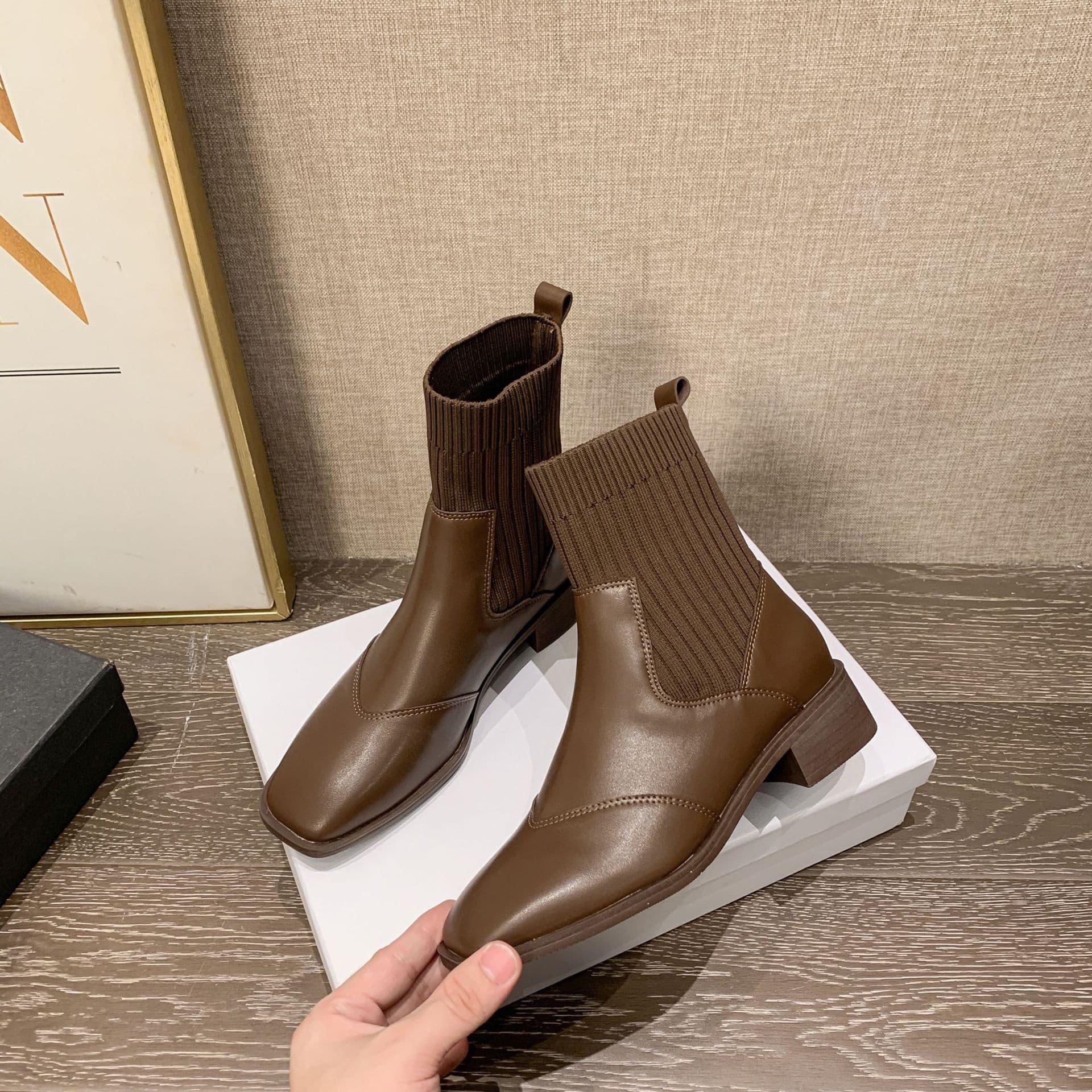 British Style Knitted Stretch Sock Boots Women's New Slim Boots Chunky Heel Martin Boots Short Boots 172
