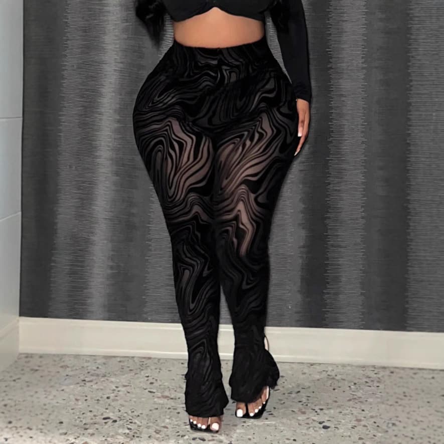 European and American cross-border AliExpress independent station plus size women's black flocked transparent leggings sexy and elegant body-shaping pants