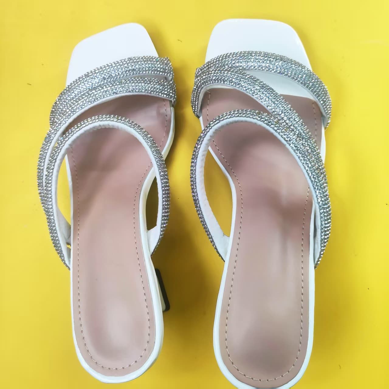 High Heel Sandals for Women, 2025 Summer New Square Toe Stiletto Heel Slide Sandals with Rhinestone One-Strap, Outer Wear High Heel Sandals