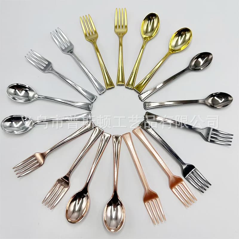 9.8cm disposable mini fork spoons for desserts, pudding, ice cream, coffee, electroplated in gold, rose gold, and silver.
