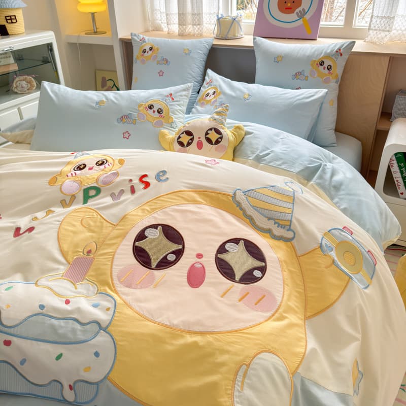 Class A Egg Party Kids Pure Cotton Bedding 4-Piece Set Cartoon 100% Cotton Fitted Sheet Flat Sheet Pillowcase Comforter Cover 3-Piece Set