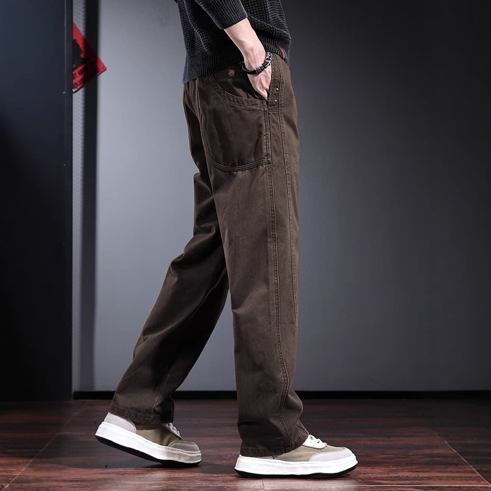 Autumn/Winter High-End Work Pants Men Loose Straight Leg Trousers European American Simple Retro Casual Pants with Fleece