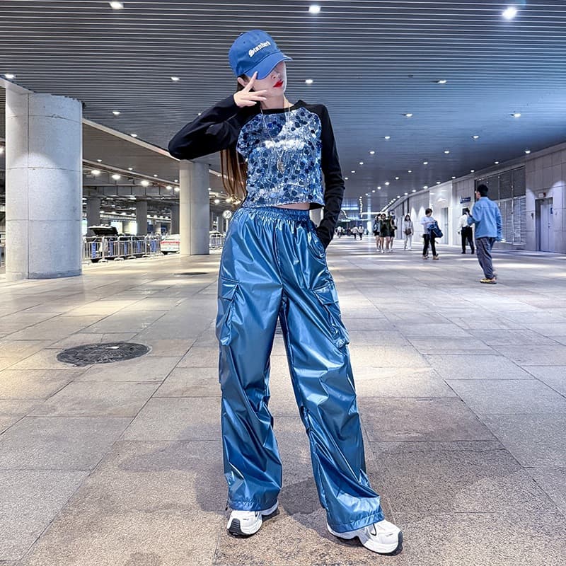 2025 Spring and Autumn Street Dance Trendy Jazz Dance Short Women's European and American Hip Hop Dance Sequin Performance Costume Set