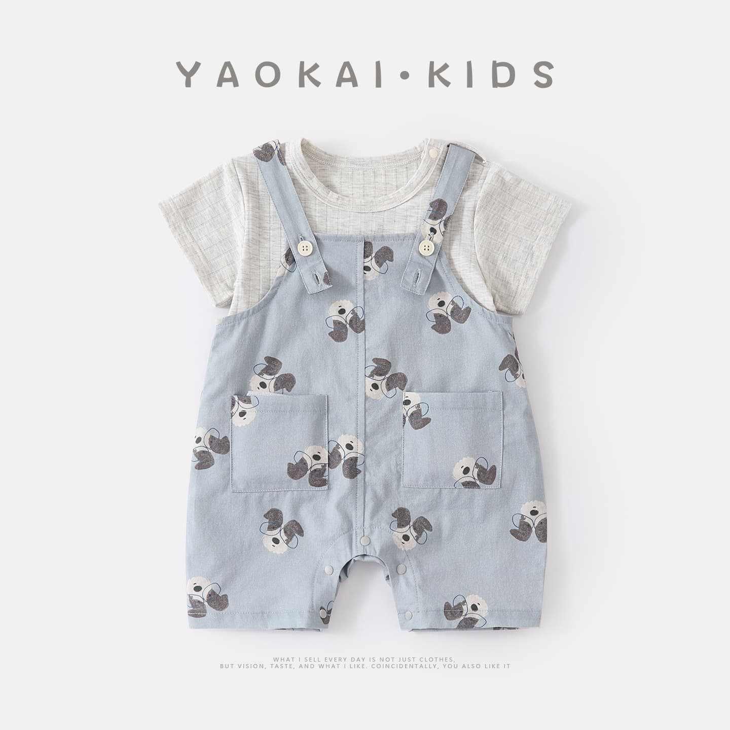 Summer thin Korean style casual simple short-sleeved baby boy cartoon puppy carrier jumpsuit two-piece set for infants and young children