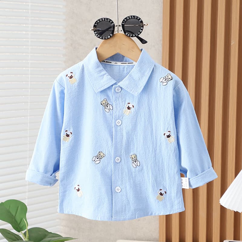 Boys and Girls Long Sleeve Shirt 2023 New Autumn Korean Style Children's Solid Color Embroidered Bear Casual Shirt Spring and Fall Jacket