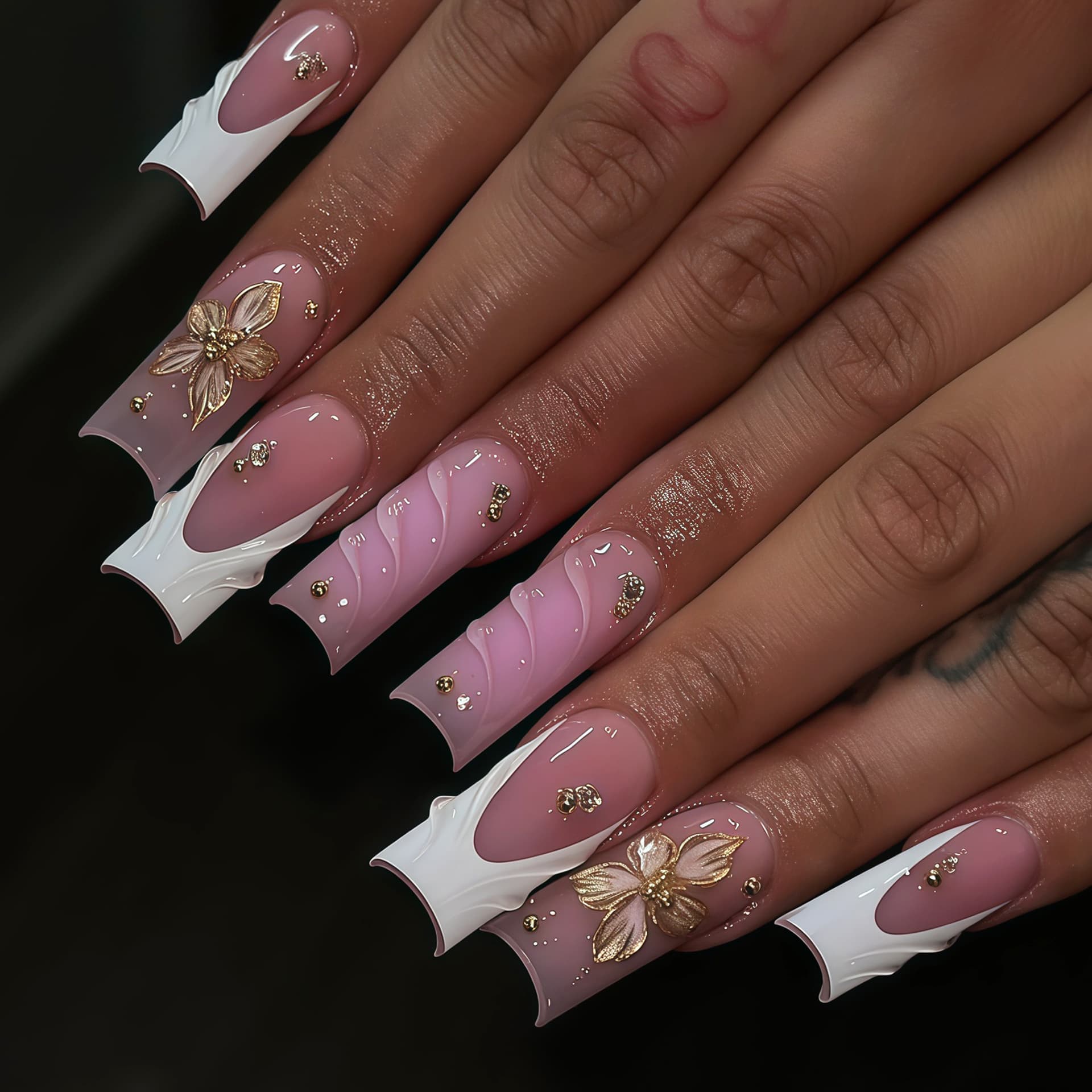 Cross-border European American Medium Tube Nails White French 3D Carved Rhinestone Press-On Nails 24 Pieces Fake Nails Wholesale
