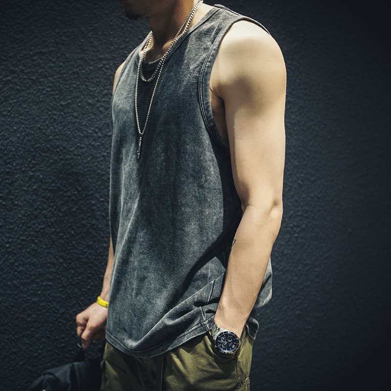 American High Street Washed Distressed Tank Top, Men's Trendy Streetwear Ins Loose Casual Sports Sleeveless T-Shirt