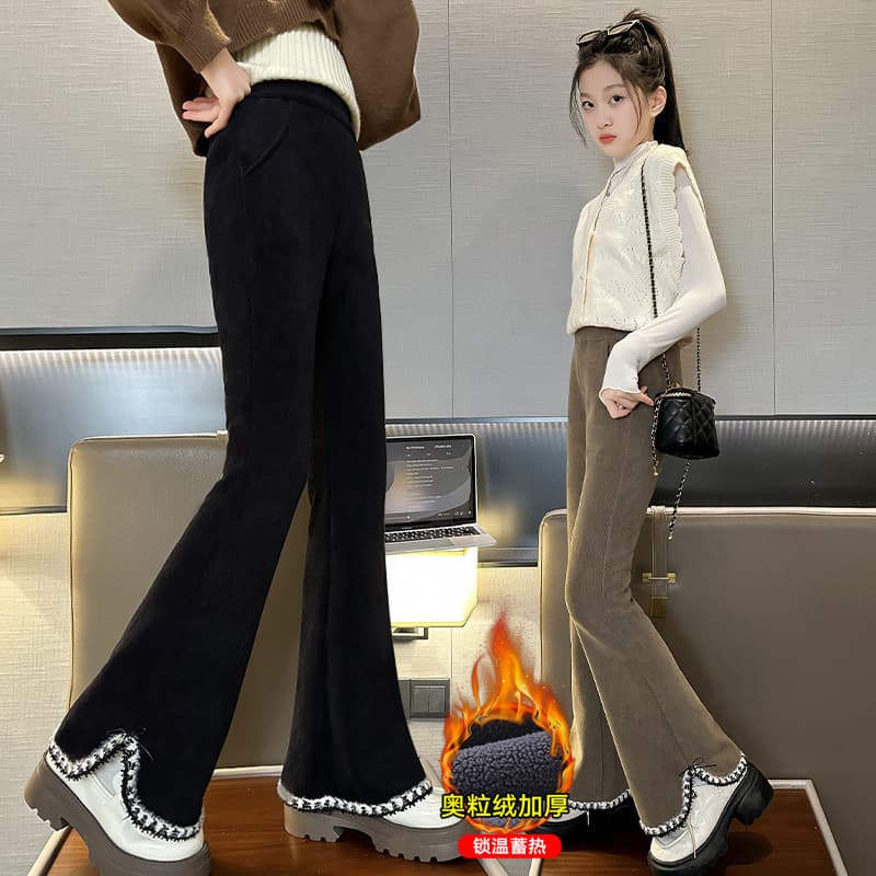 Girls' Fleece-Lined Pants Fall/Winter 2026 New Style Flared Pants for Older Kids Versatile Slim Bootcut Long Pants with Integrated Fleece