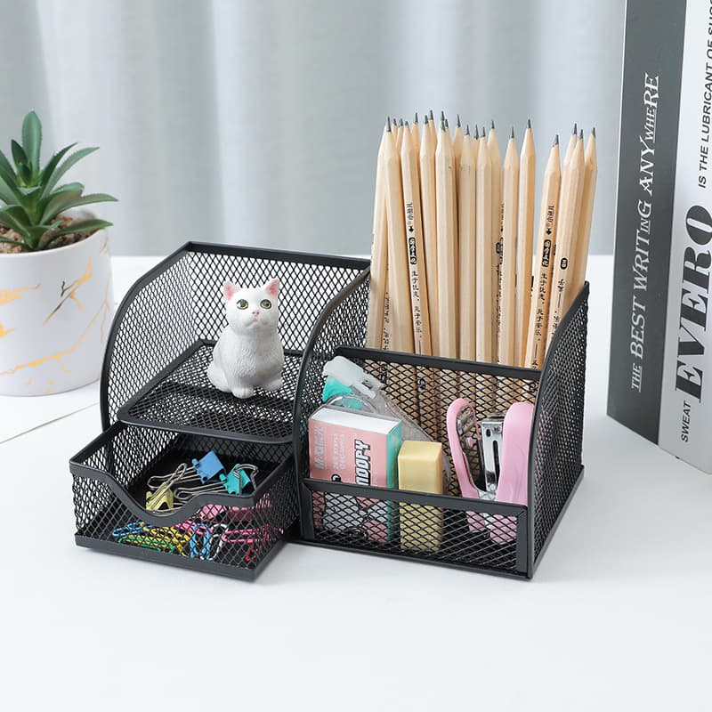 Square Metal Four-Compartment Creative Pen Holder Storage Box Office Supplies Desktop Stationery Organizer Multi-Functional Pen Cup