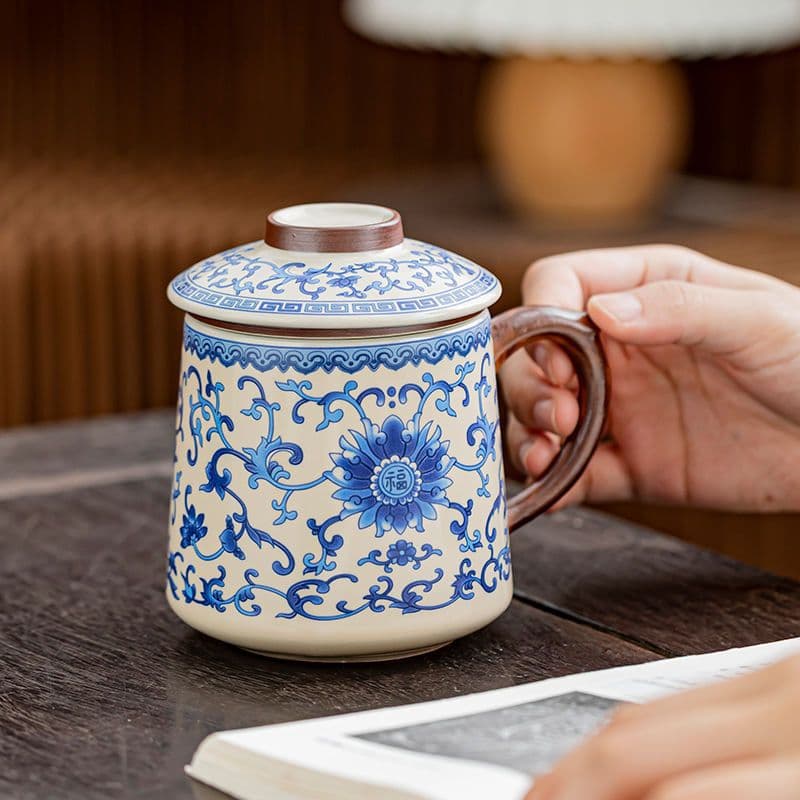 Ru Kiln Ceramic Filter Tea Cup Office Cup with Lid, Tea Water Separation, Personal Use Logo
