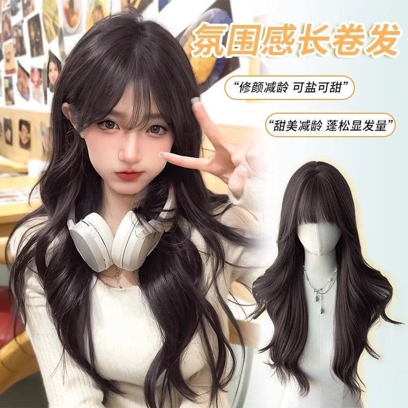 Daily Long Hair Wig for Women, Thin Full Set, Super Natural Realistic Hair, Airy Bangs, Big Curl Wig Cap for Any Skin and Face Type