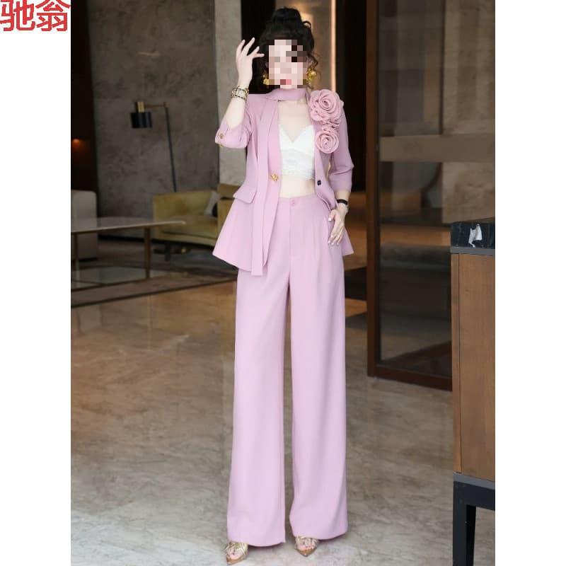 T8Y high-end professional wear 2025 spring and summer new design three-dimensional flower strap suit trousers thin section four pieces