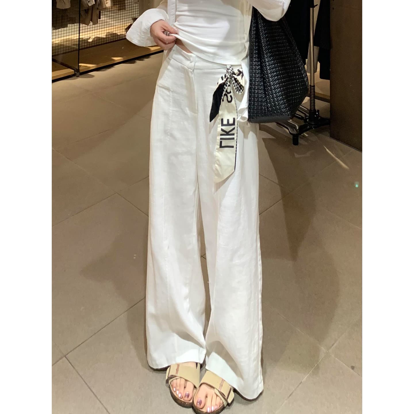 White Linen and Ramie Wide-Leg Pants for Women, Spring New Arrival, High-Waist Slimming, Old Money Style, Straight-Leg Cotton Linen Suit Casual Pants