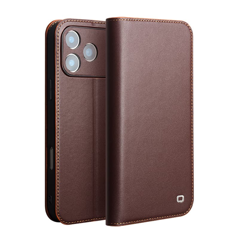Qalishi Apple iPhone 17 Pro Max case and protective case, Eair genuine leather flip fully covered, shockproof card insert