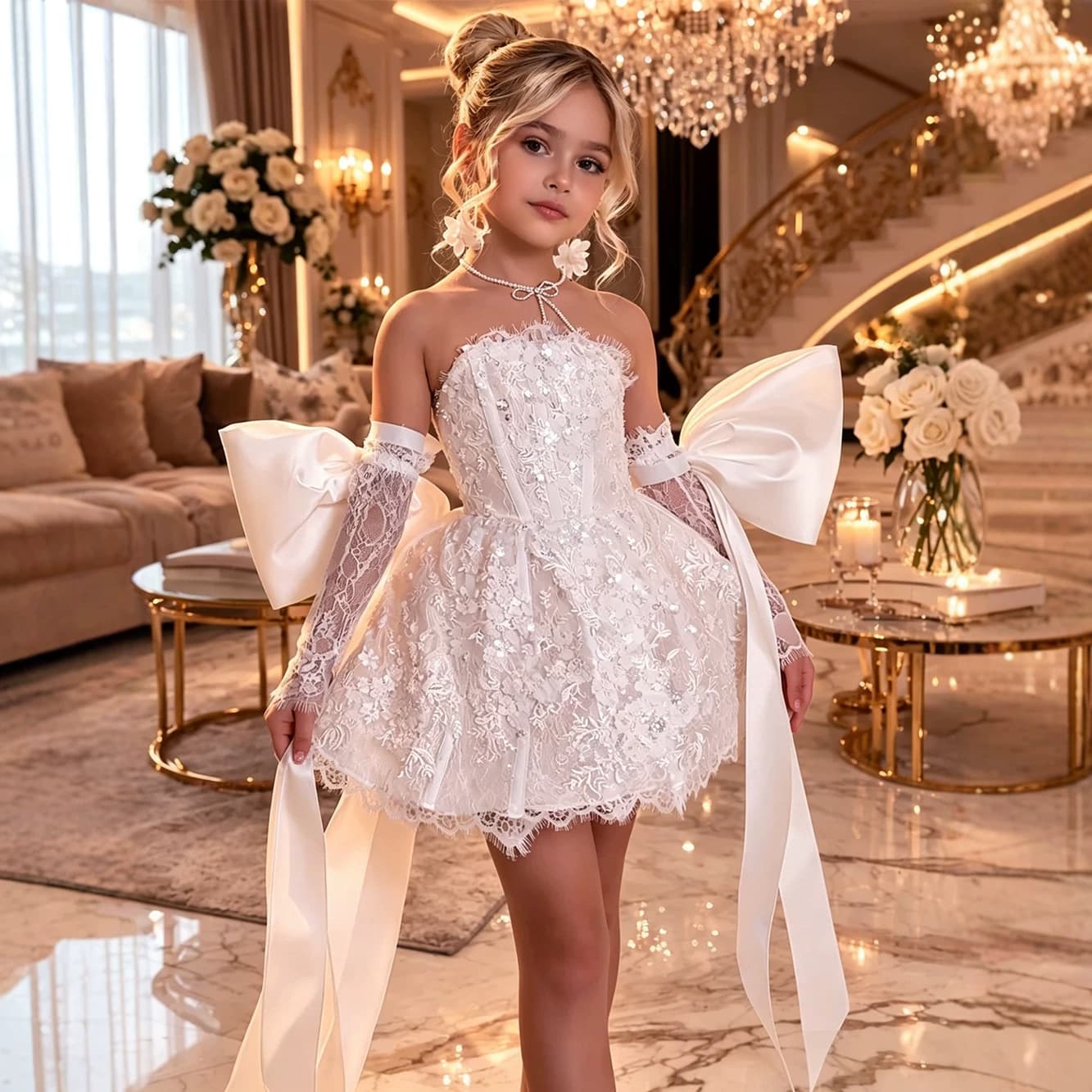 Amazon Cross-border Girls Heavy Lace High-end Princess Dress Short Bow Fashion Children's Gown