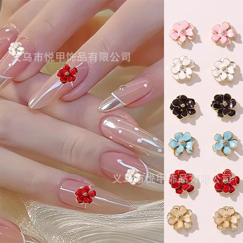 Hot-selling Alloy Double-layer Five-petal Camellia Vintage Oil-drop Nail Art Decoration Sticker Patch Accessories Wholesale