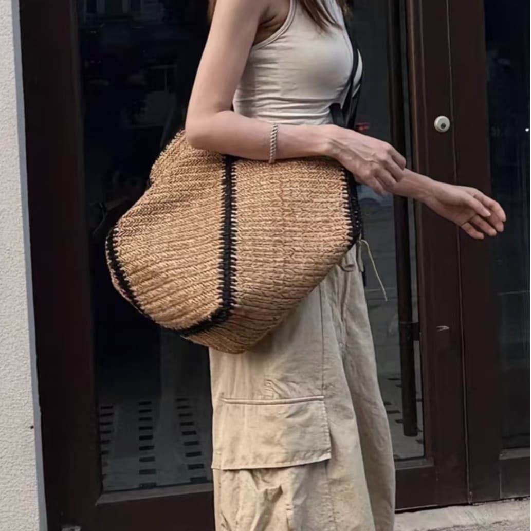 Korean Retro Exquisite Large Bag, High-End Seaside Lazy Style Woven Shoulder Bag, Summer Travel Vacation Beach Bag