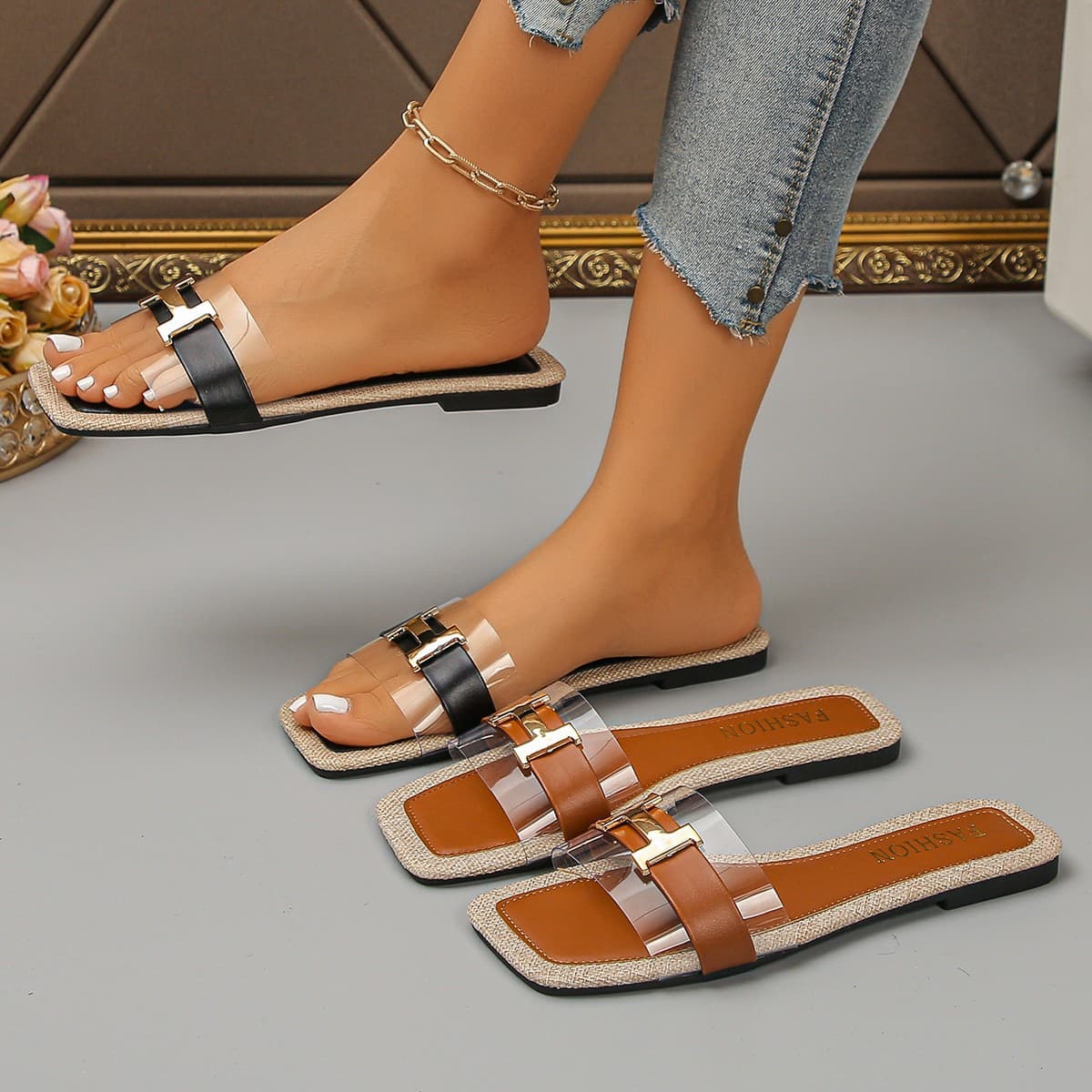 Women's Cross-Border Sandals 2026 Spring/Summer New Style Flat Large Size Slip-On Fashion Buckle Open-Toe Sandals