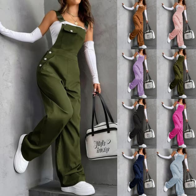 2026 European and American Cross-Border Early Autumn Jumpsuit Vacation Beach Retro Pocket Solid Color Workwear Overalls Thin Style