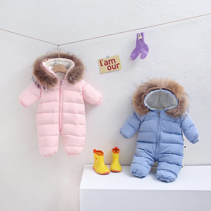 Children's Fleece Jumpsuit Winter Girls' Big Fur Collar One-Piece Boys Baby Infant Crawling Suit Thickened Warm Hooded
