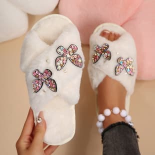 Foreign Trade Colorful Rhinestone Butterfly Furry Slippers Women Open-Toe Warm Furry Home Slippers Amazon Furry Slippers