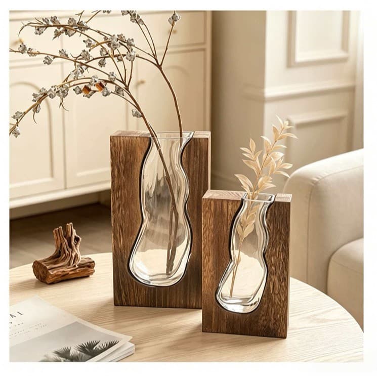 Chinese Creative Solid Wood Glass Vase Desktop Flower Arranger Living Room Hydroponic Decorative Plant Ornament Home Transparent