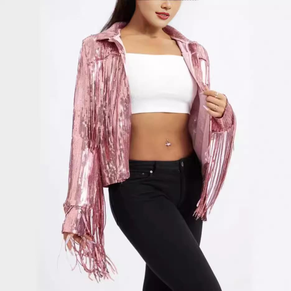 Cross-border Women's Clothing 2025 European and American Sequin Fringe Coat Singer Same Style Beaded Top Performance Wear With Lining