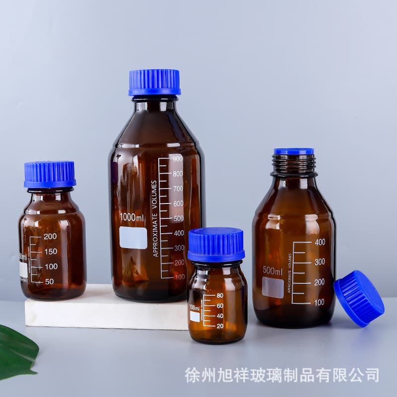 Blue Reagent Bottle, Glass Bottle, Transparent Brown Wide Mouth Sampling Bottle with Scale, Round Square Conical Laboratory Bottle