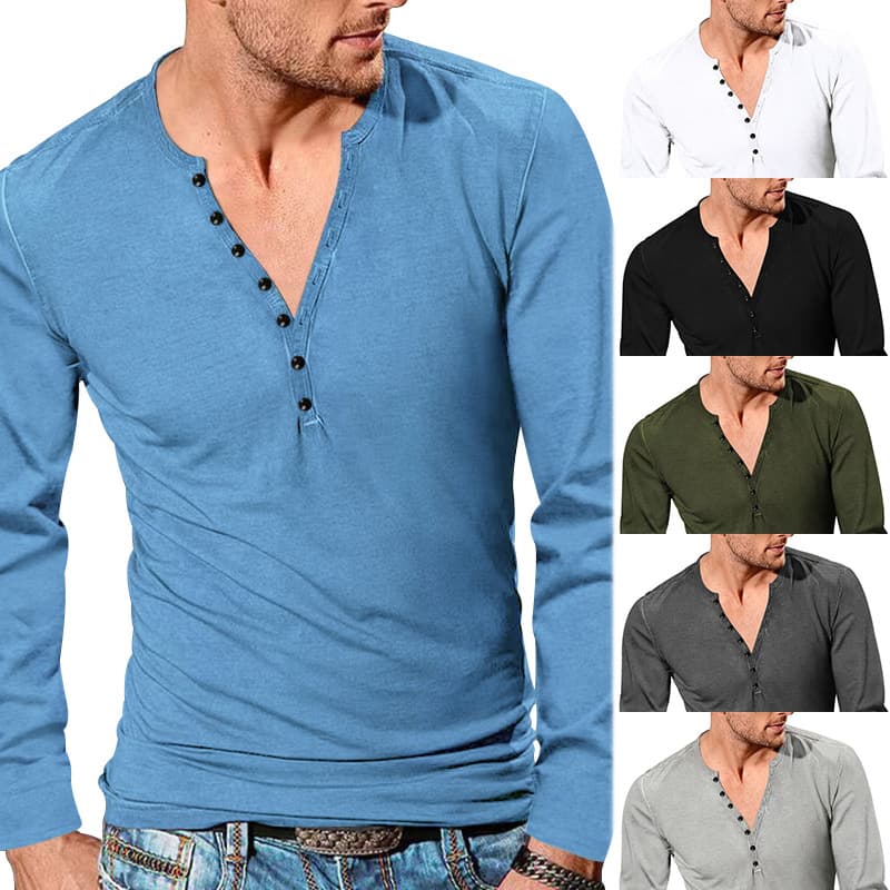 Men's Vintage Long Sleeve Henry Shirt V-Neck Slim Fit Pure Color T-Shirt Casual Breathable Top for All Seasons