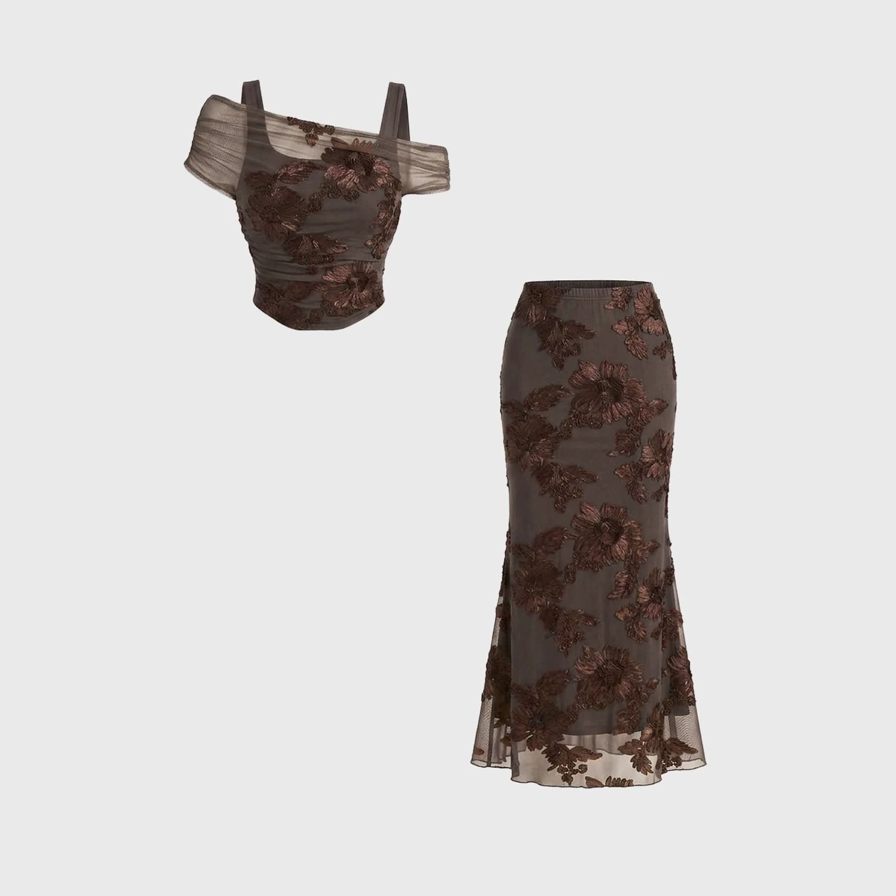 Spring/Summer Light Mature Style Banquet Dress Set: Mesh Embroidered Waist-Cinching Off-Shoulder Top with Fishtail Long Skirt