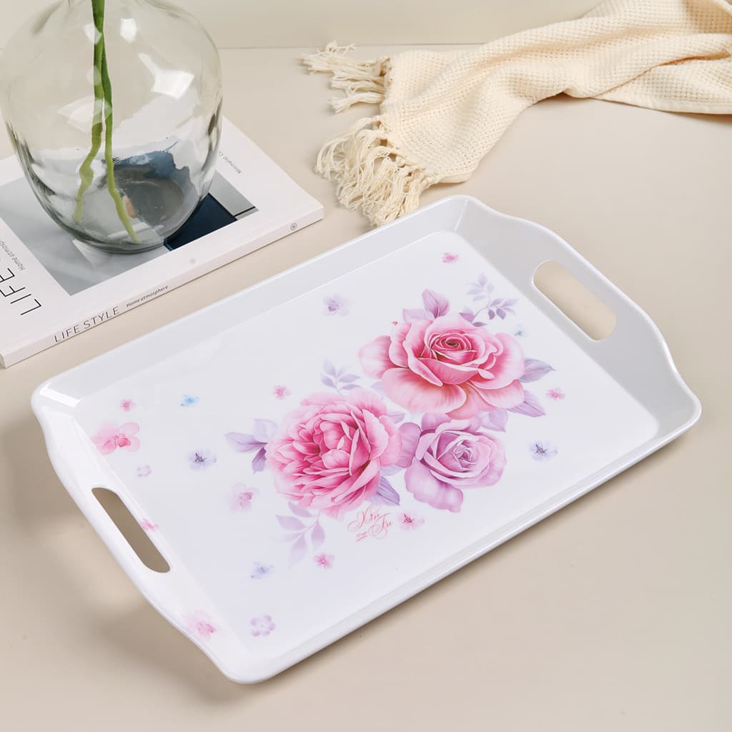 Plastic Serving Tray for Home Use, Rectangular Melamine with Handle, Restaurant Food Serving Tray