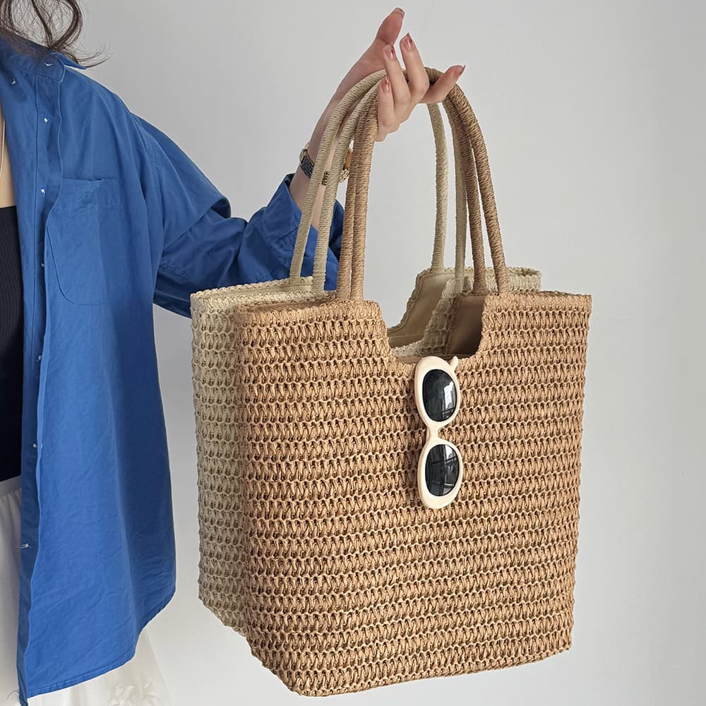 Factory Simple Versatile Straw Woven Bag Solid Color Woven Handbag Large Capacity Machine-Woven Beach Vacation Straw Bag for Women