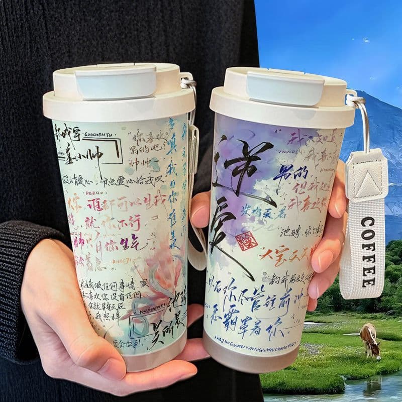 Yan Rebellious Love Text Graffiti Merch Thermos with Figure Collectibles, Large Capacity 316 Straw for Students