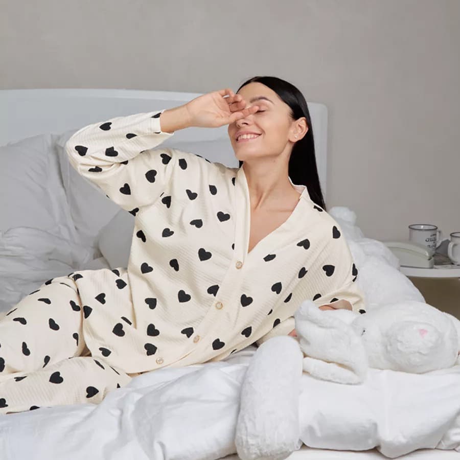 Women's Autumn/Winter Cross-Border Pajama Set, Waffle Texture Cotton-Like Long Sleeve Top and Pants with Heart Print, Comfortable Loungewear