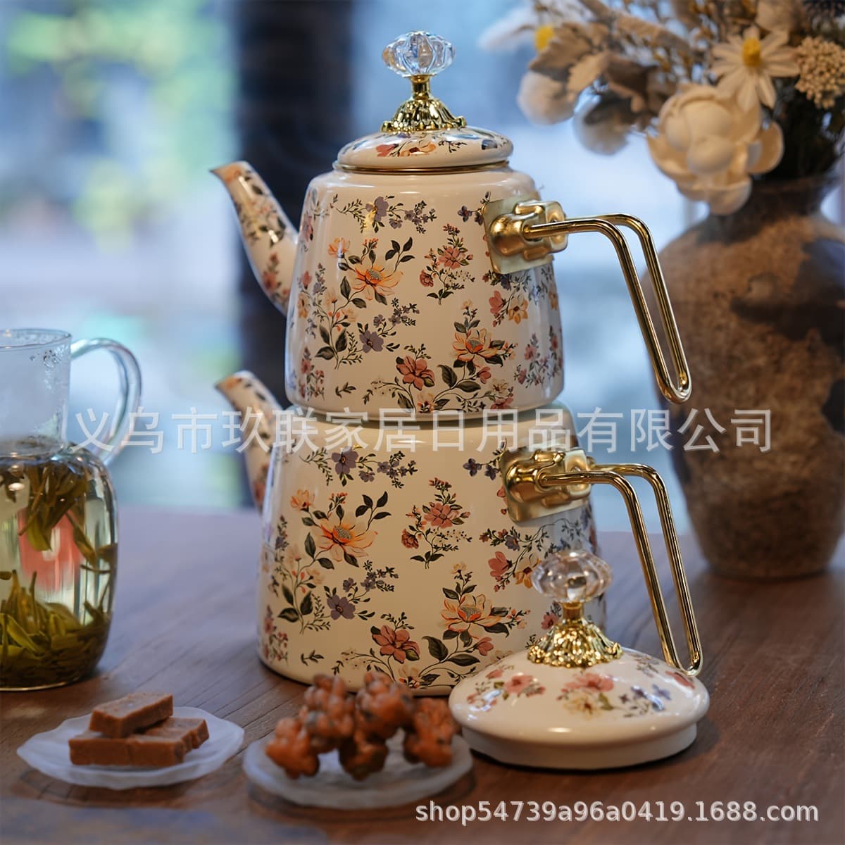 New Chinese Style Enamel Tea Set, Shui Jing Zhu Tea Pot, Bamboo Joint Cup, Cold Brew Tea Container with Filter, Universal for Induction Cooktop