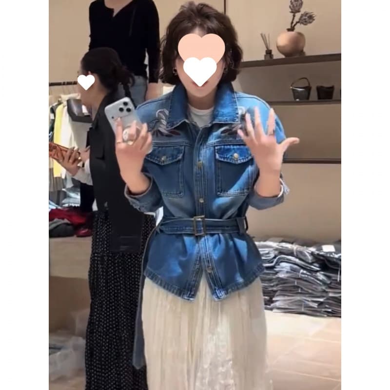 Heavy industry hand-embroidered denim jacket for women 2026 spring new style lapel tie waist slimming versatile jacket top