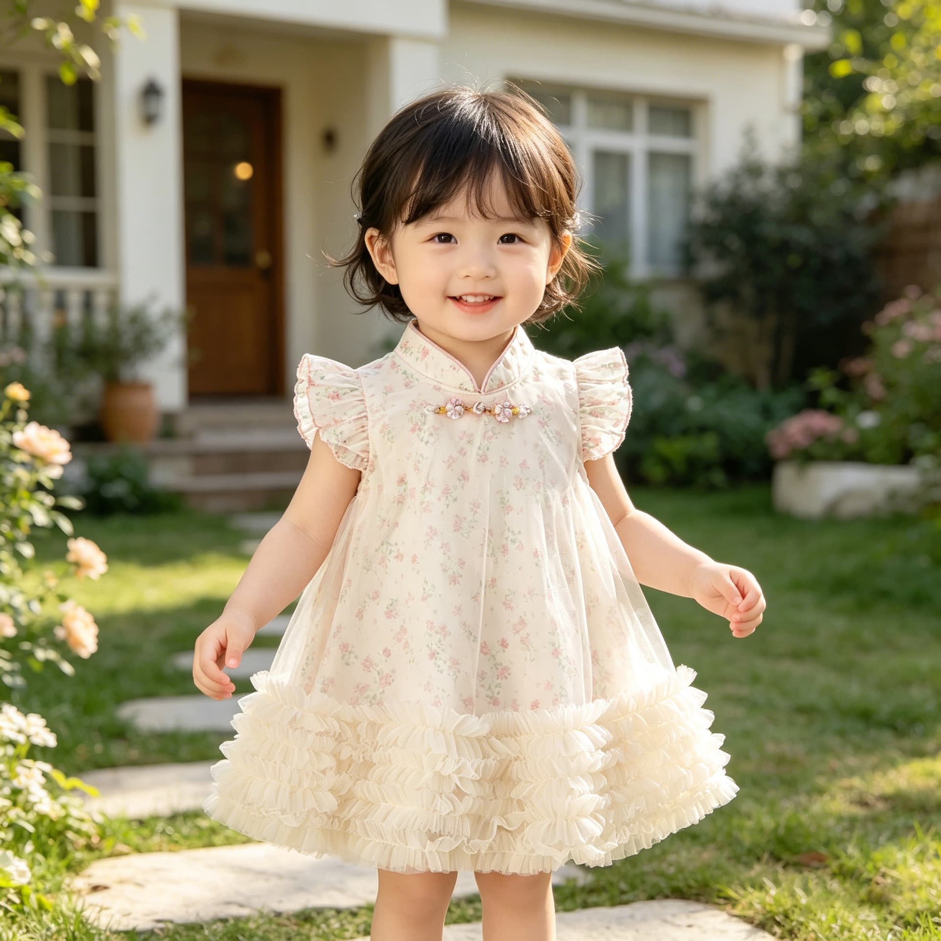 New Summer Girls Dress - Chinese Style National Trend, Stylish Short-Sleeve Mesh Cheongsam Dress for Kids