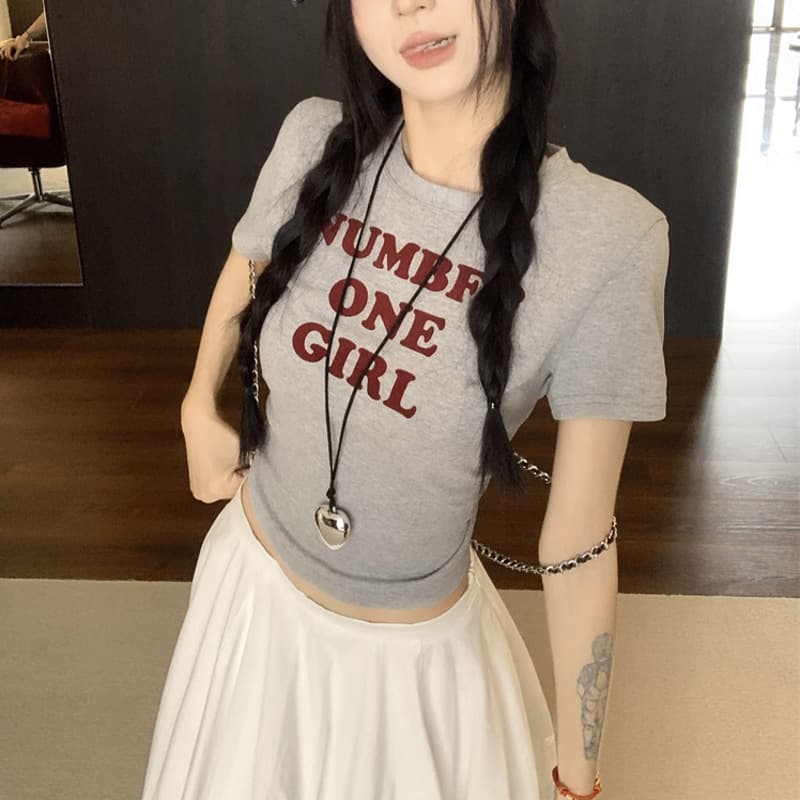 Letter Short-Sleeved T-Shirt Women's Printed Korean Style Summer 2025 New Slim Fit Right Shoulder Pullover Student Top Ins