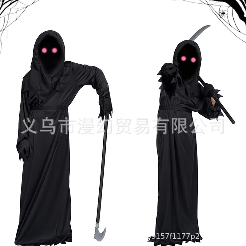 Halloween Horror Red-Eye Costume Kids Ghost Roleplay Outfit Mysterious Grim Reaper Scythe Ghost Robe Masquerade