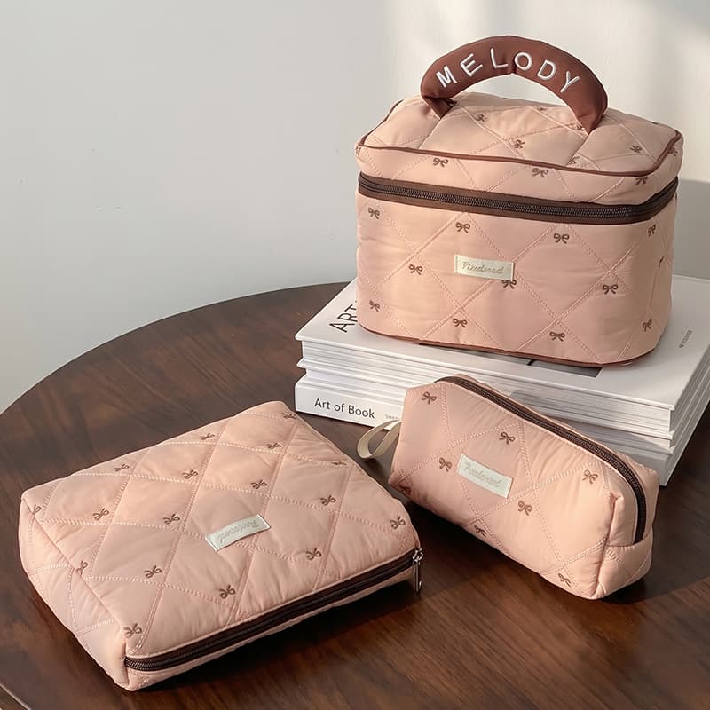 Pink and Brown Bowknot Embroidered Makeup Bag Three-Piece Set Large Capacity Portable Storage Bag Ins-Style Travel Toiletry Bag