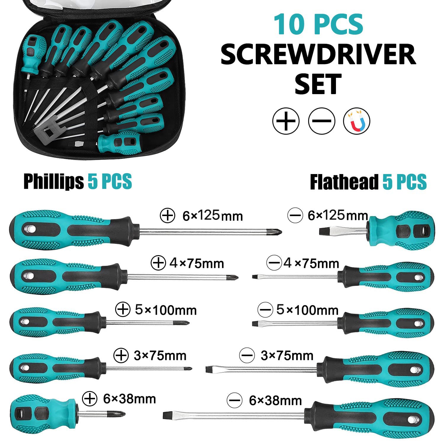 10-Piece Screwdriver Tool Set, Multi-Functional Manual Screwdriver Kit, Complete Set with Cross and Flat Head, Magnetic Tips