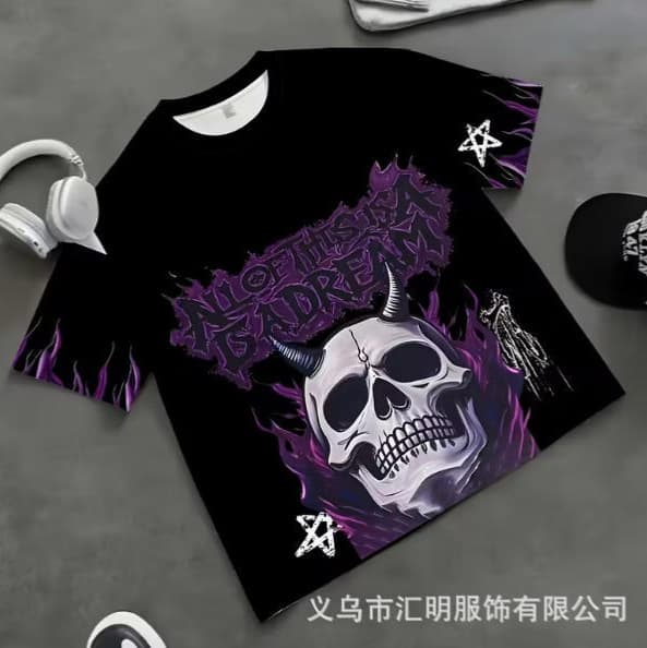 Dark Heavy Metal Purple Flame Bull Skull Short Sleeve Gothic Letter Five-Point Star Street Style Casual Top