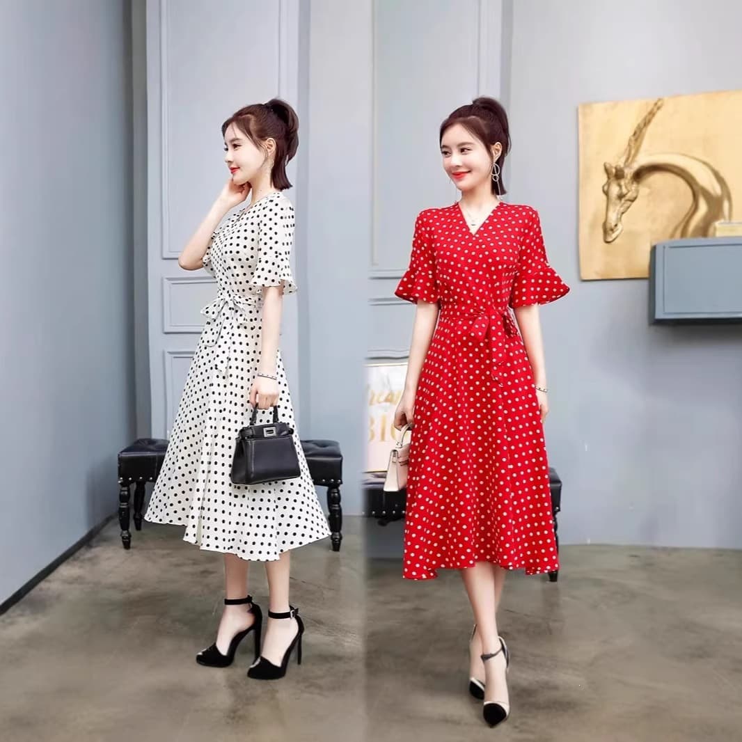 Polka Dot Bell Sleeve A-Line Dress V-Neck Tie Waist