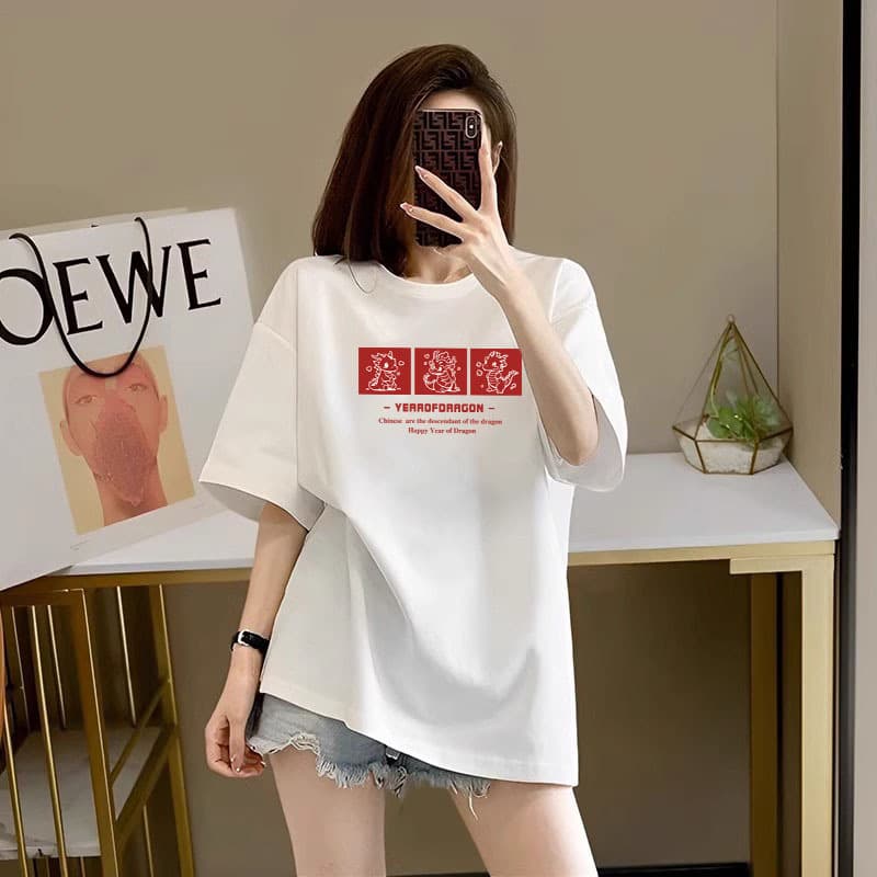 2026 New Model Year of the Dragon Short-Sleeve T-Shirt for Women, Loose White Pure Cotton Top, Trendy Summer Base Shirt
