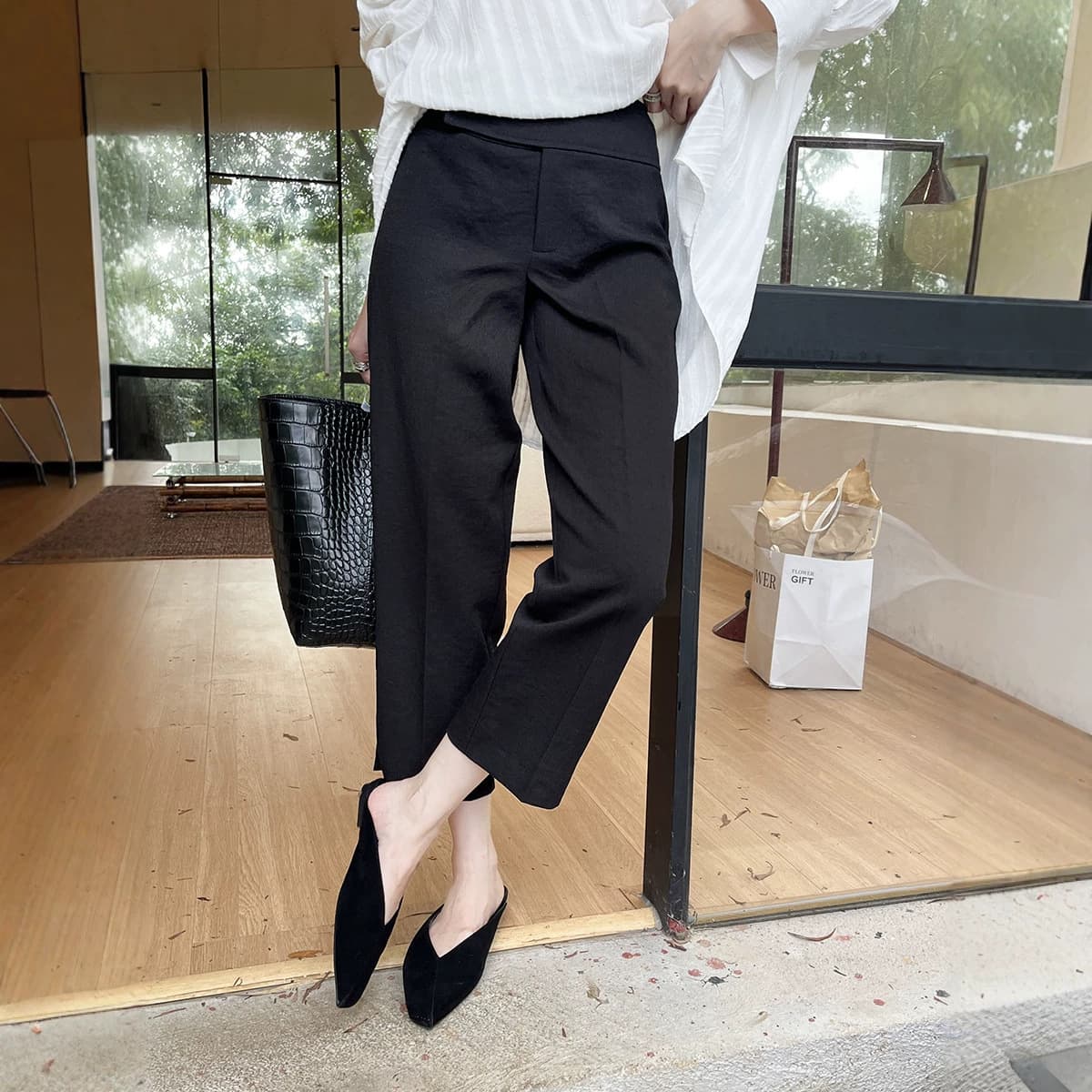 HOO Early Autumn New French Relaxed Two-Tone Elegant High-Quality Texture Versatile Commute Slit Casual Pants KA9129