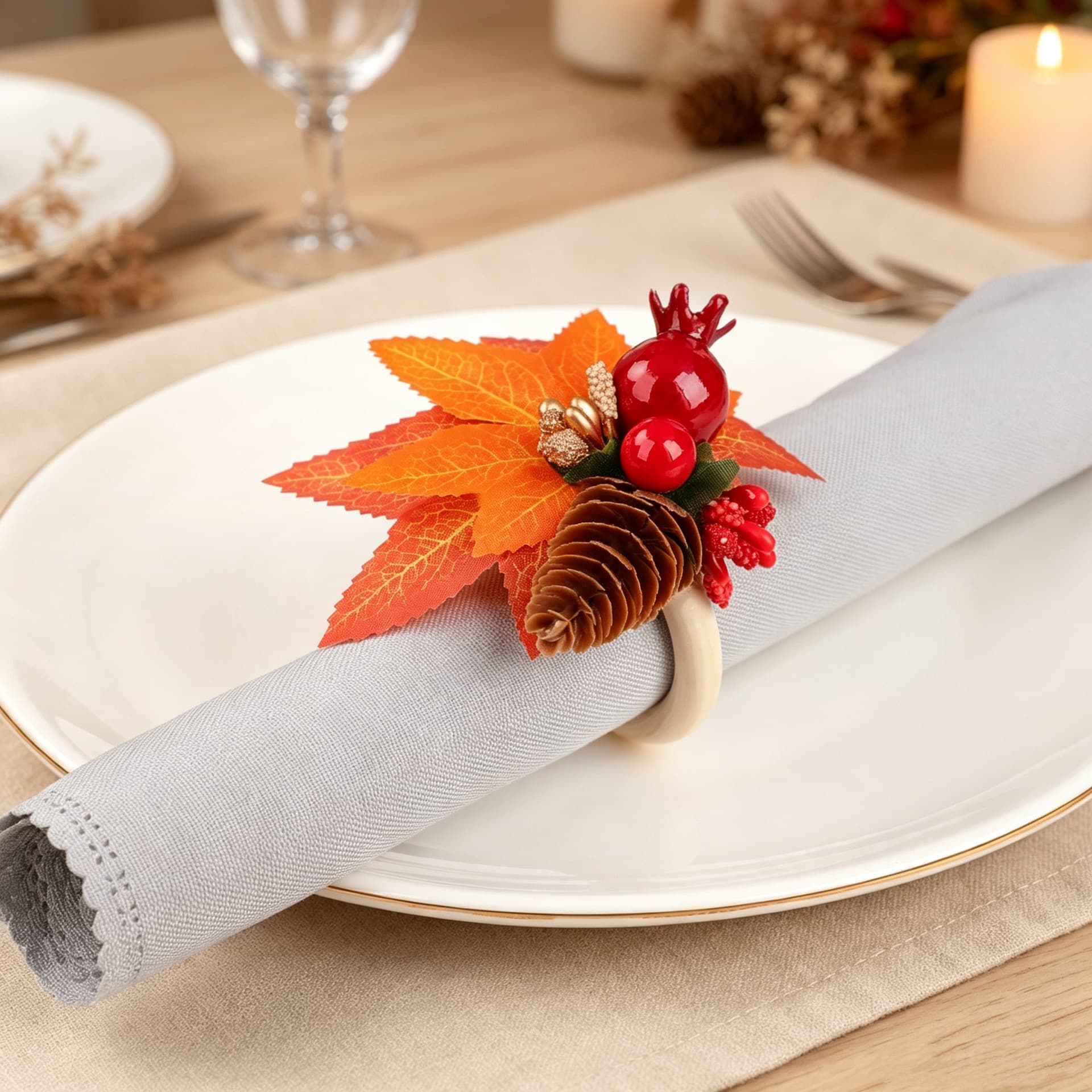Vintage Autumn Maple Leaf Pinecone Napkin Rings Thanksgiving Faux Berry Pomegranate Table Decor Napkin Rings Napkin Clips