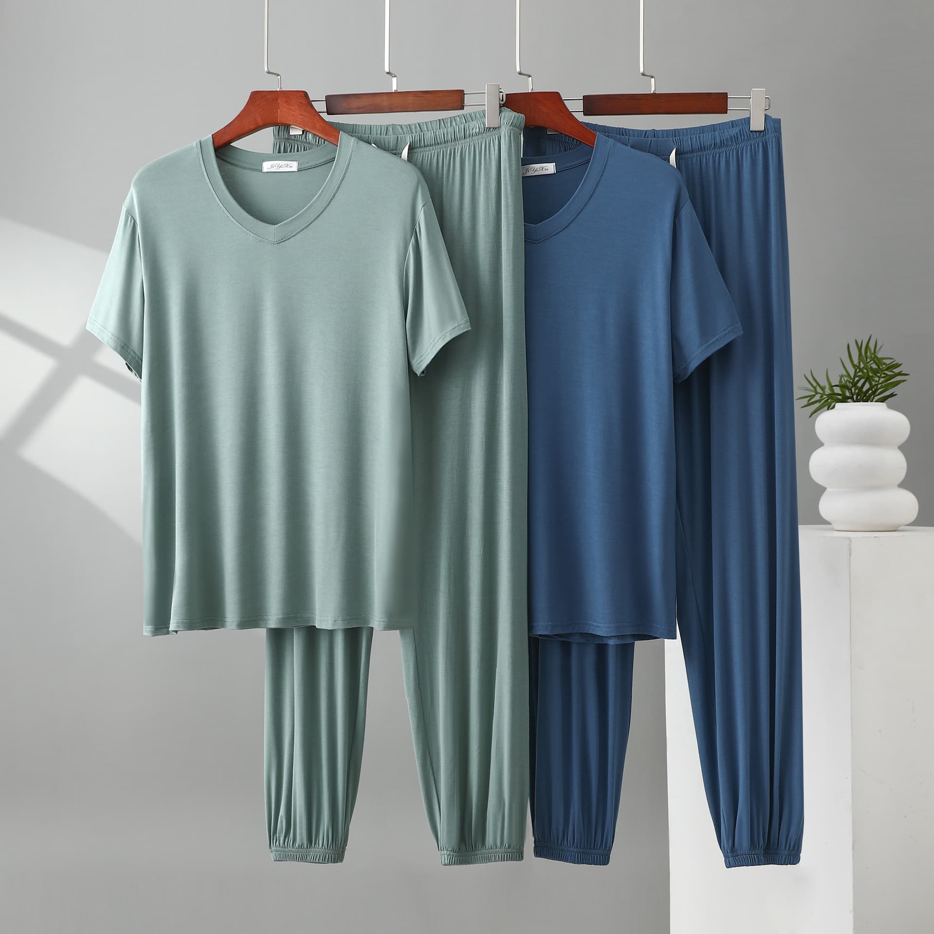 V-Neck Modal Men's Short Sleeve and Long Pants Loungewear Set - Thin, Loose, Plus Size, Sporty and Casual Sleepwear Two-Piece Set