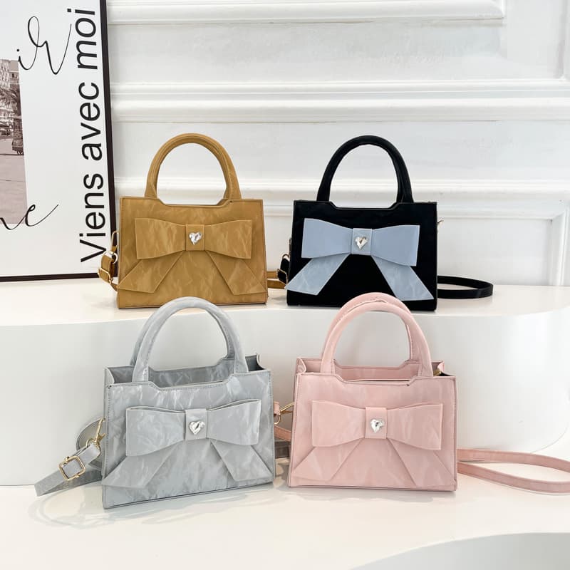 Pink Handbag Women 2025 New Bow Square Bag Textured Commute Crossbody Bag Bow Design