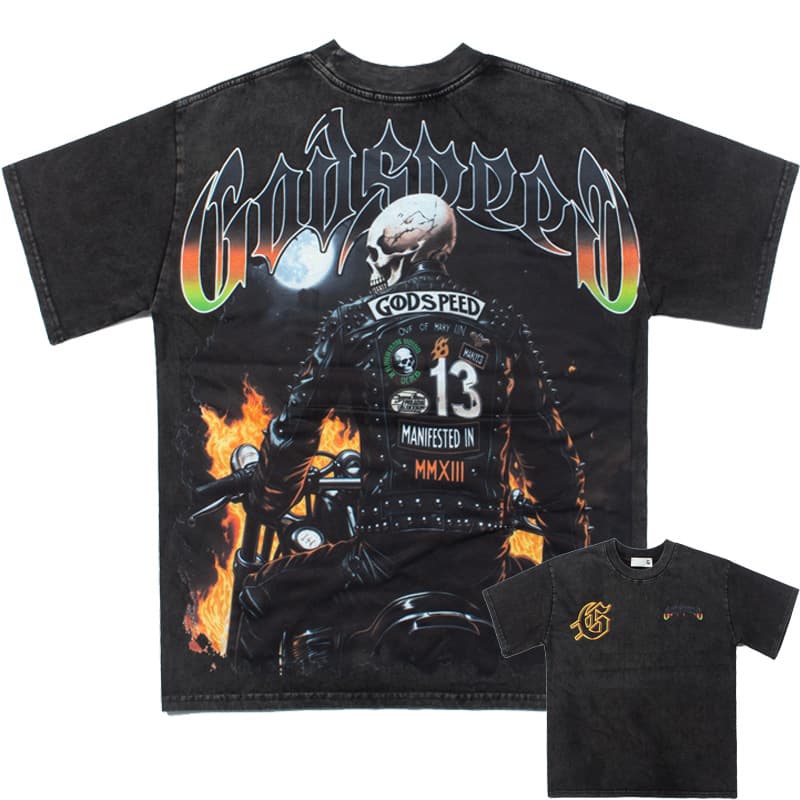 2026 Cross-Border American Hip-Hop Street Rap Rock Skull Motorcycle Rider Vintage Washed Distressed Short Sleeve T-Shirt